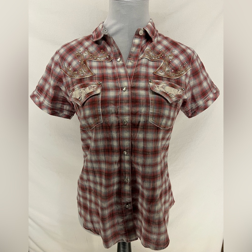 Y2K Miss Me Plaid Rhinestone Embroidered Short Sleeve Pearl Snap Shirt Size M